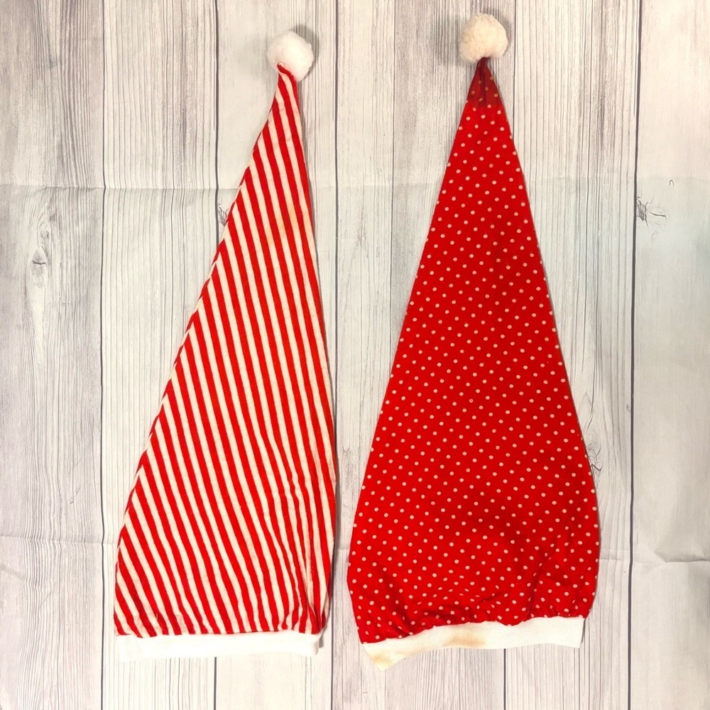 Lot of 2 Vintage Stocking Caps Hats Sleep Red and White Striped Polkadot - Picture 3 of 7